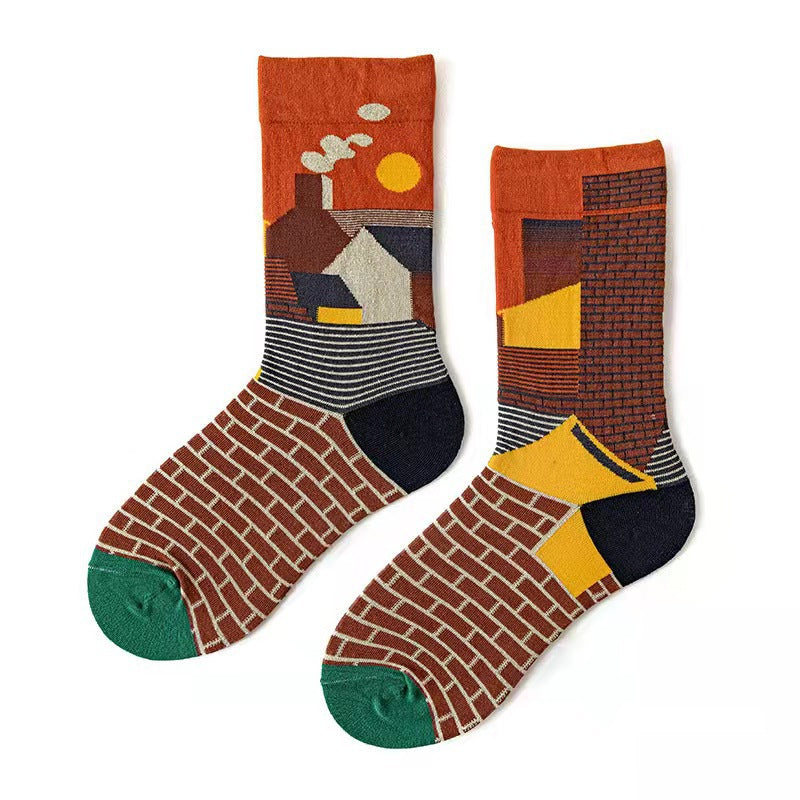 Trendy Mid-calf Length Socks Preppy Style Stockings Artistic Illustration Socks