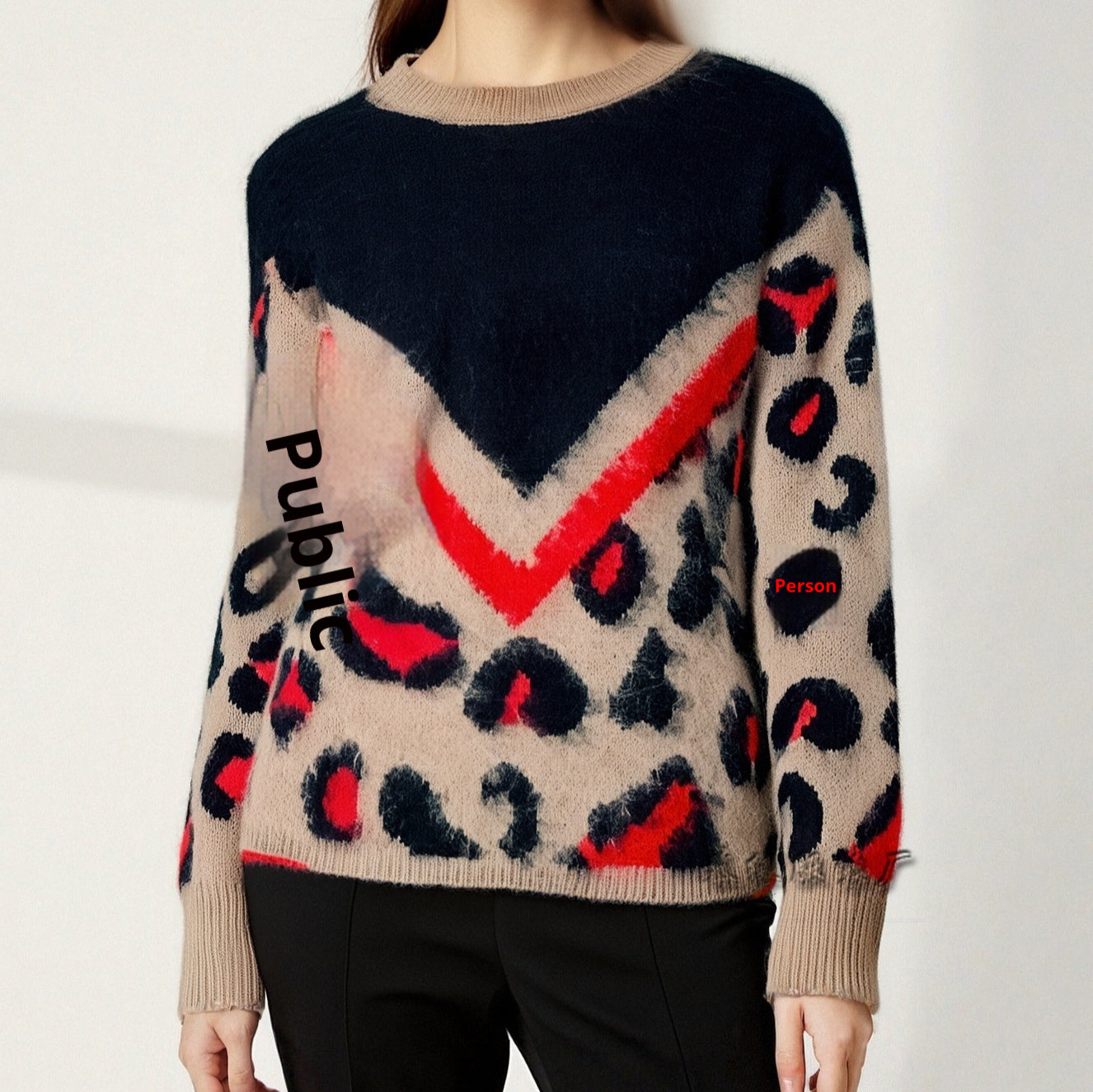 Women's Plush Printed Knitted Pullover With Round Neck And Leopard Print