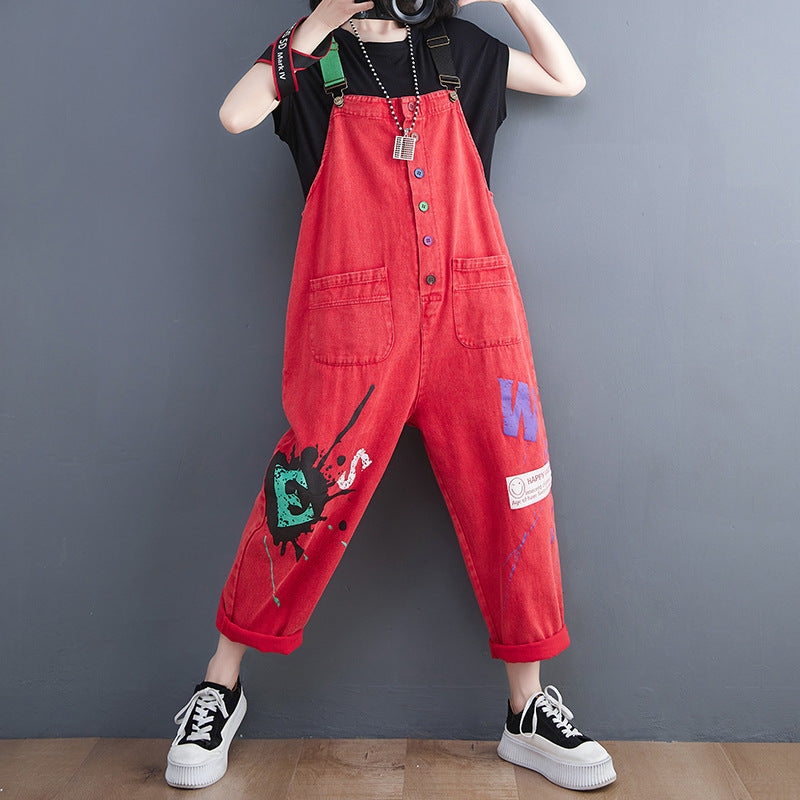 Women's Summer Thin Loose Plus Size Printed Denim Overalls