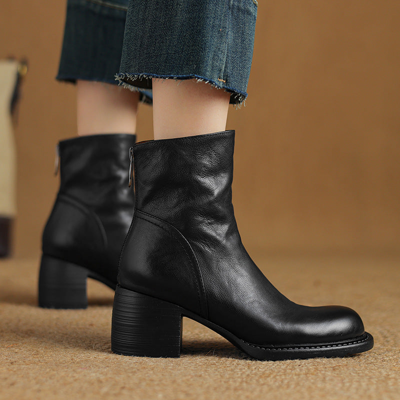 French-Style Retro Brown Round-Toe Ankle Boots