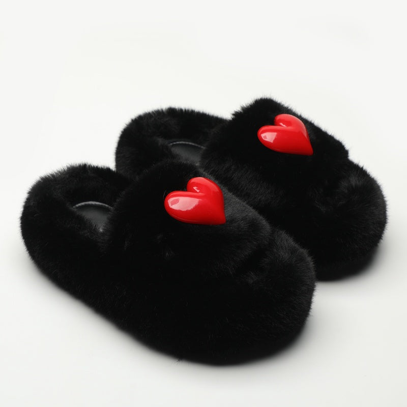 Heart-shaped Thick Bottom Fluffy Slippers Women's Outer Wear New Autumn And Winter Fleece-lined