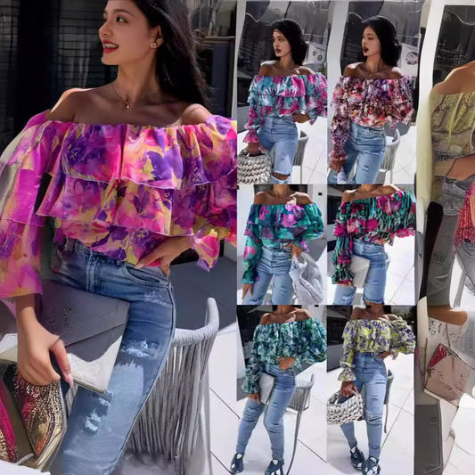 Moderigtig Off-shoulder Printbluse Med Bådhals