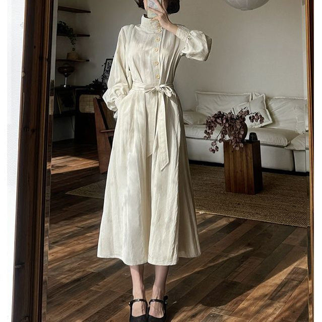 Stand Up Collar Lapel Long Sleeve Belted Loose Fitting Dress