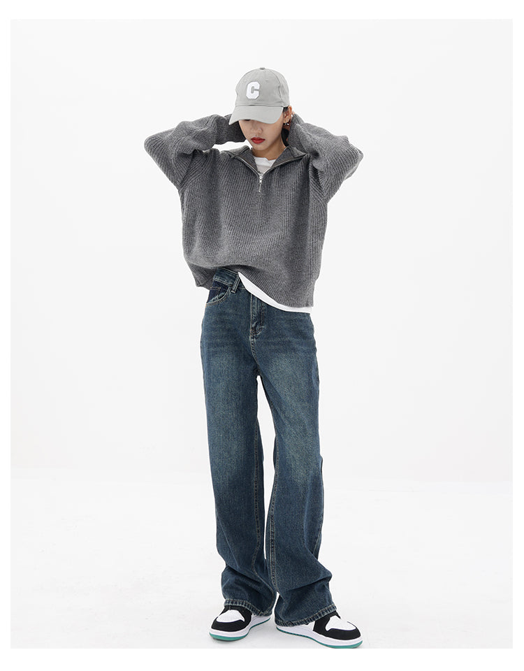 Retro Blue Jeans Women's Gradient High Waist Straight Casual Pants