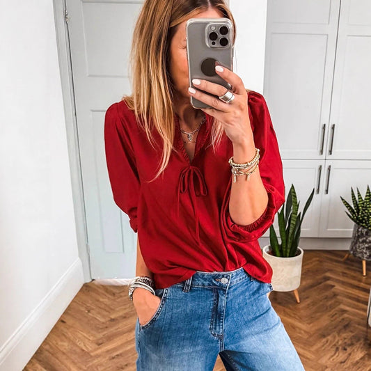 Women's Solid-color V-neck Long-sleeve Chiffon Blouse With Bow Tie Straps