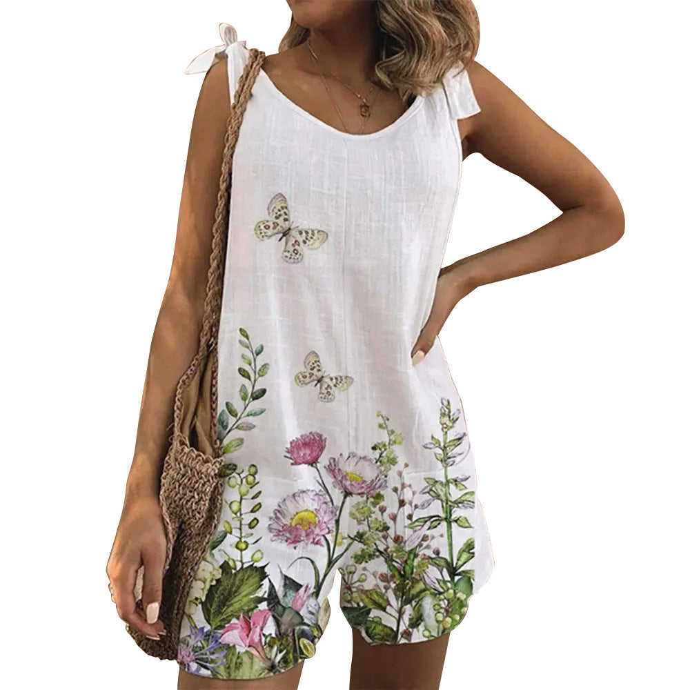 Women's Printed Crew Neck Sleeveless Casual Jumpsuit Shorts