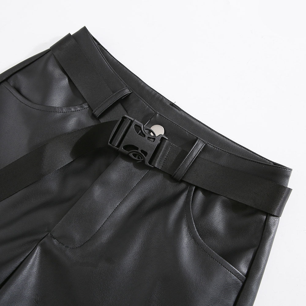 Women's Fashion Simple High Waist Straight Detachable Hole Leather Pants