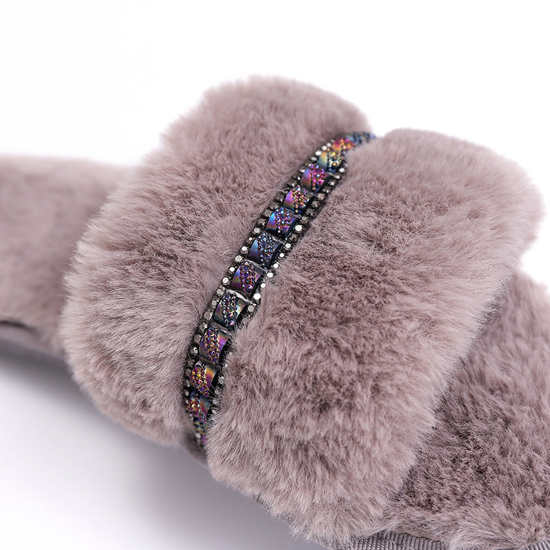 Rhinestone Accessories Plush  Indoor And Outdoor Non-slip Fur Slippers