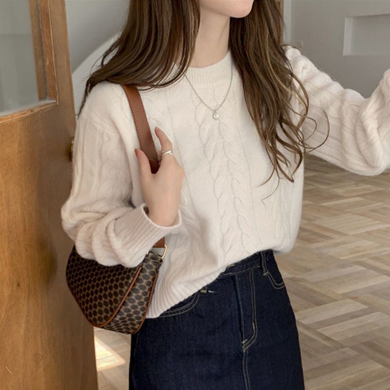 Women's Retro Twist Round Neck Sweater Western Style Leisure Loose Pullover