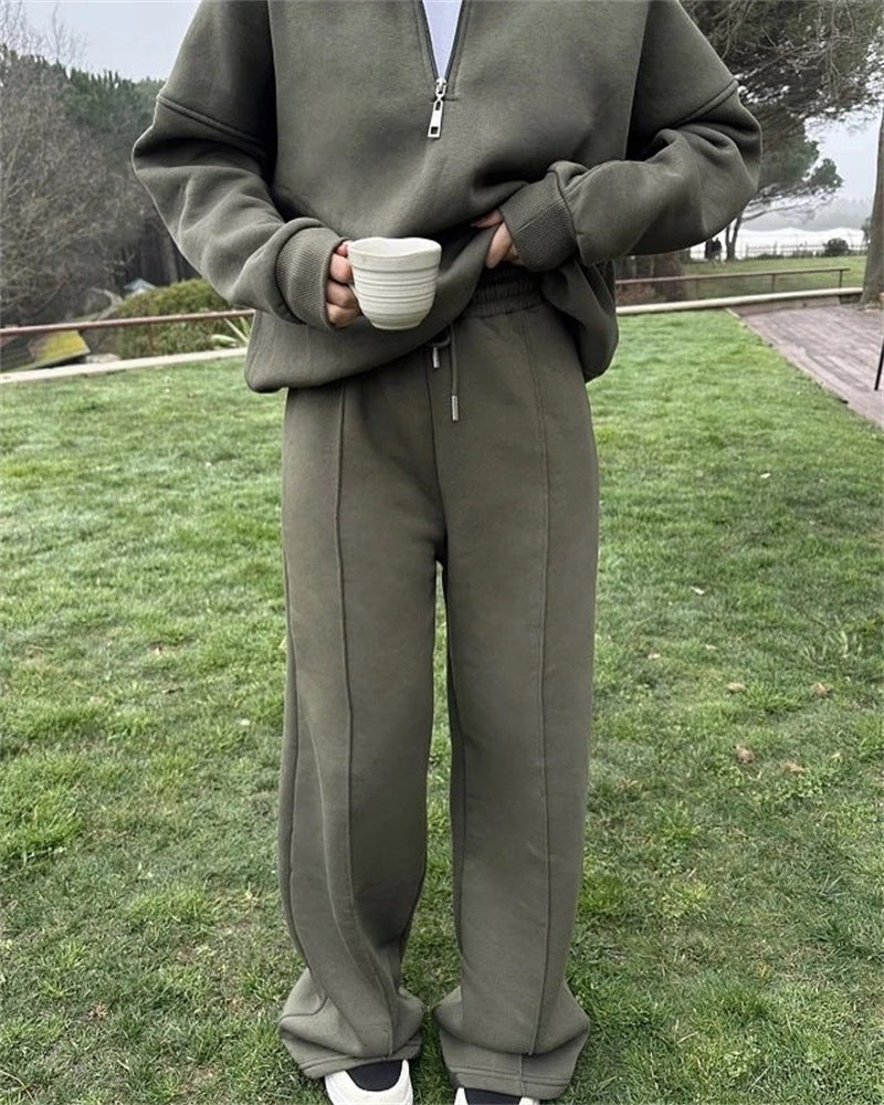 Casual Women's Fashion Half-zip Hoodie And Pants Two-piece Set Loose Casual Autumn And Winter Outfit