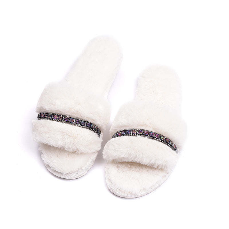 Rhinestone Accessories Plush  Indoor And Outdoor Non-slip Fur Slippers
