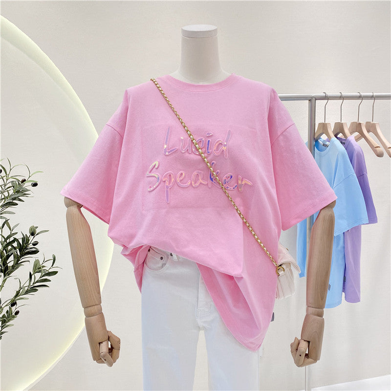 Women's Loose Short-sleeved T-shirt With Bronzing Letter Design Sense