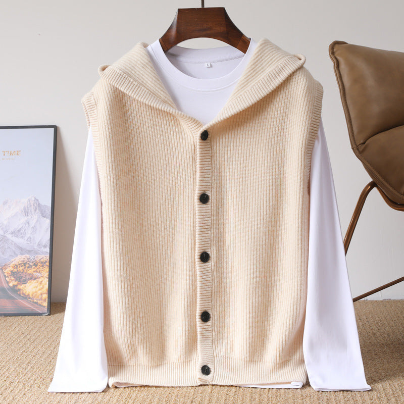 Hooded Cardigan Men's Waistcoat Pure Wool Sleeveless Knitted
