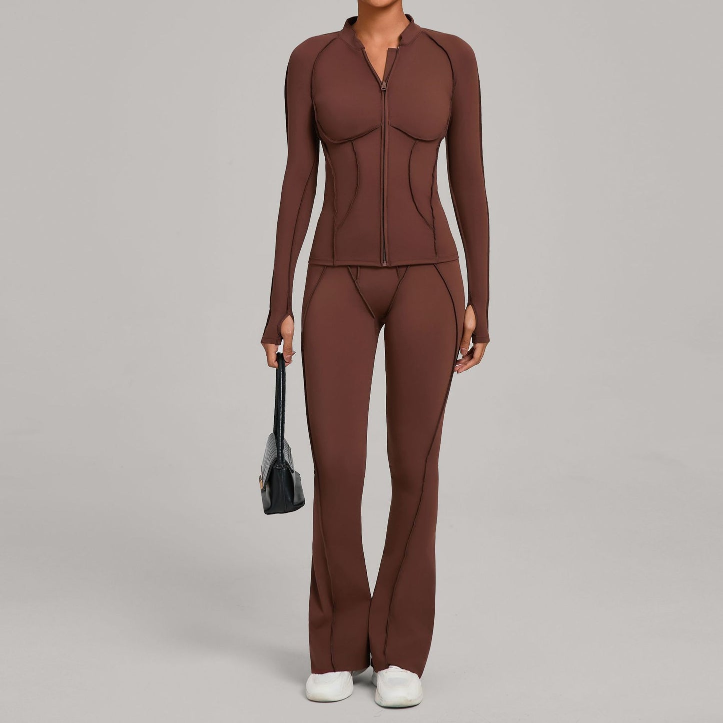 Womens Patchwork Zip Up Long Sleeve Top And Pants Set