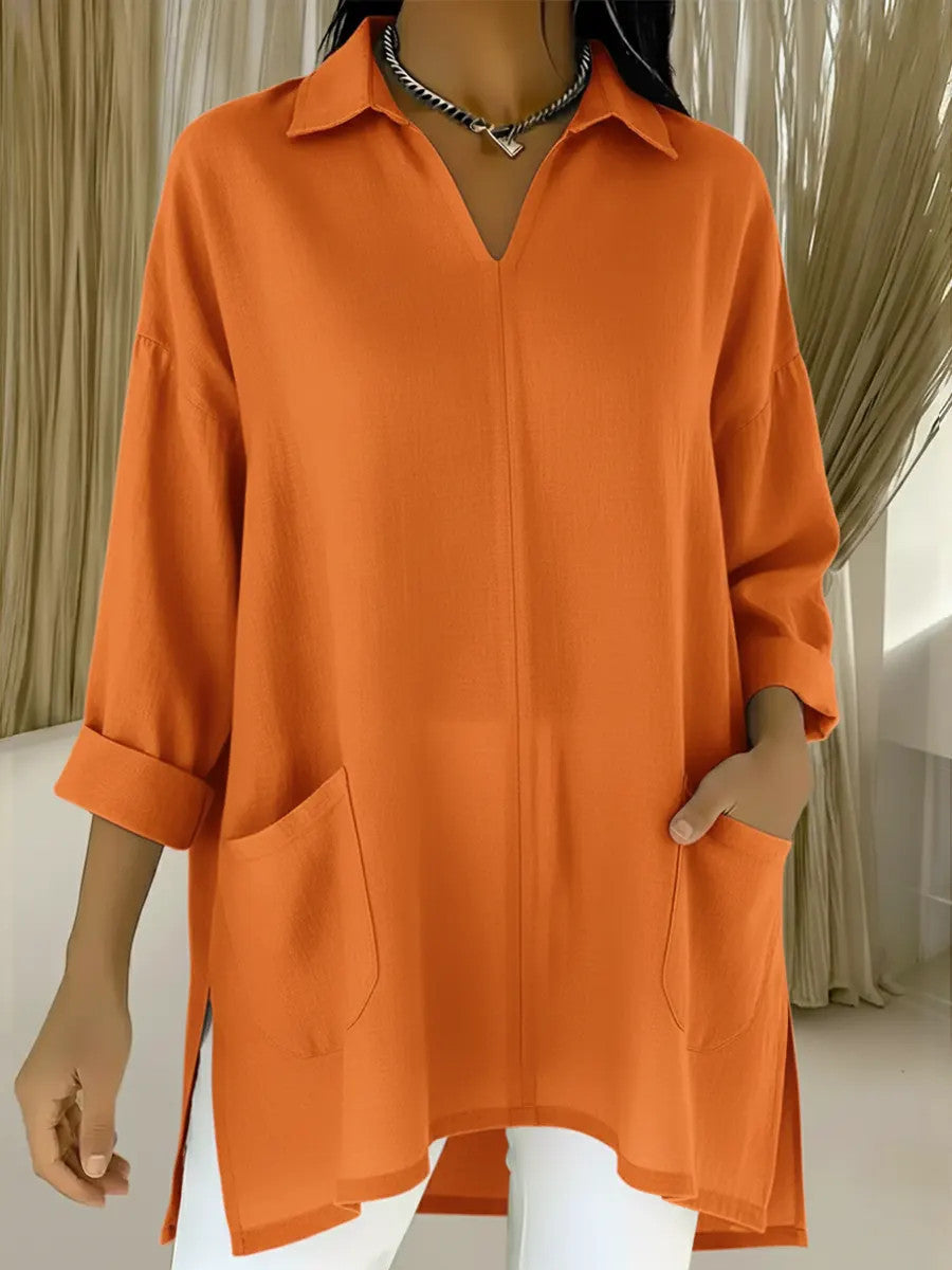 Womens Fashion Solid-color Pocket Shirt With A Loose-fitting Collar