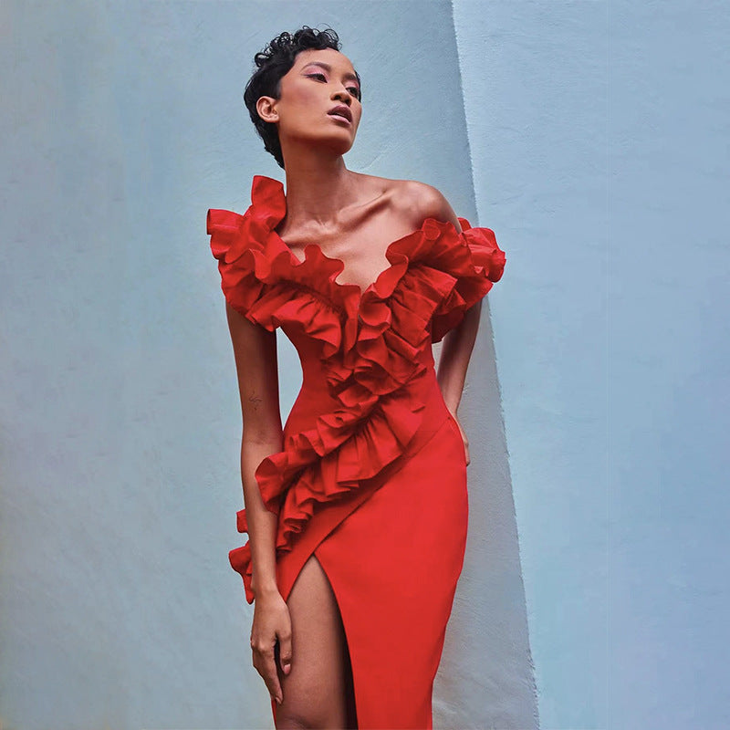 Multi-color One-shoulder Ruched Sexy Bandage Dress For Socialites