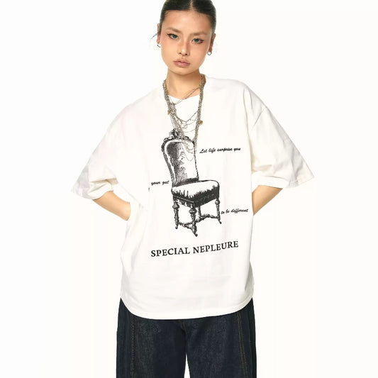 Retro  Printing Round Neck Short Sleeve Loose Casual
