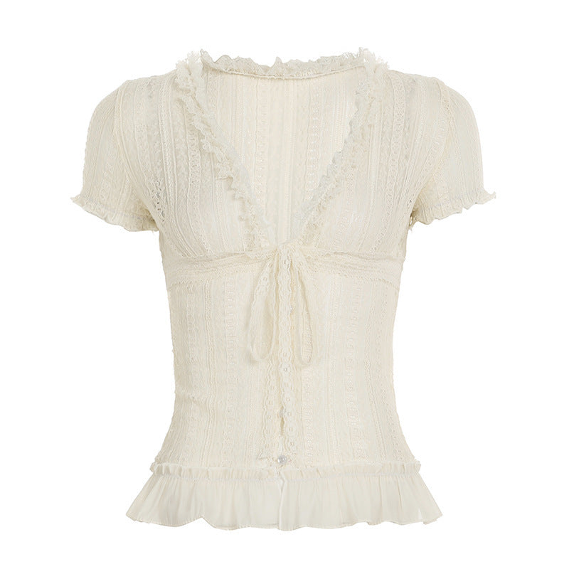 French-Style V-Neck Lace Top For Women Pure And Alluring