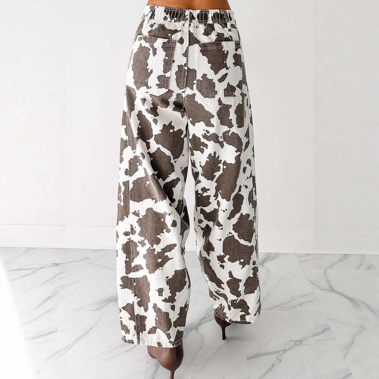 Washed Cow-patterned Wide-leg Jeans