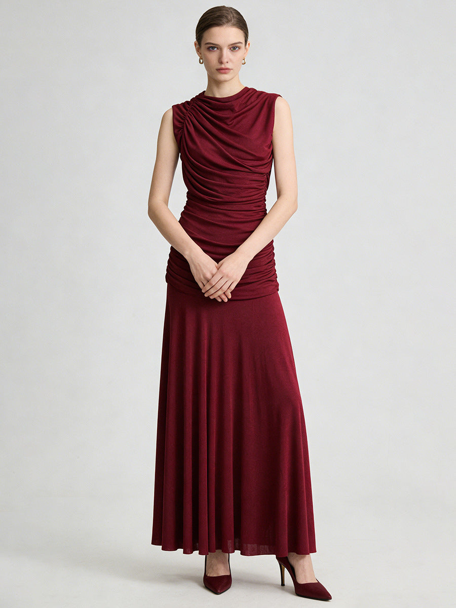 Sleeveless Turtleneck Dress With Gathered Waist