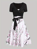 Women's Summer V-neck Short-sleeved Printed Dress Two-piece Set