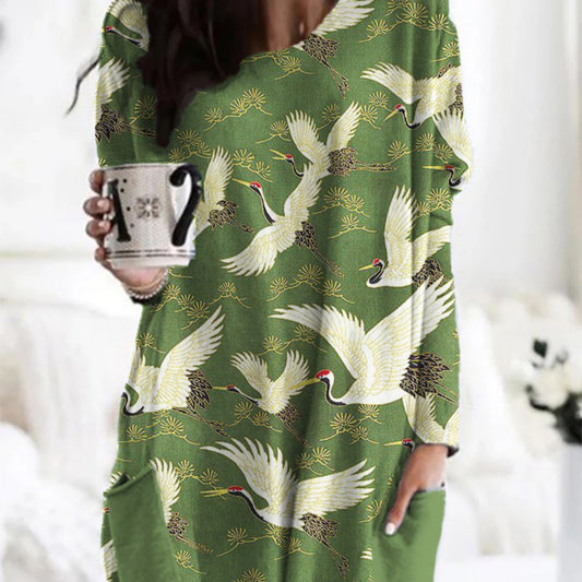 Picasso-style Casual Mid-length Loose-fitting Womens Dress With A Crew Neck