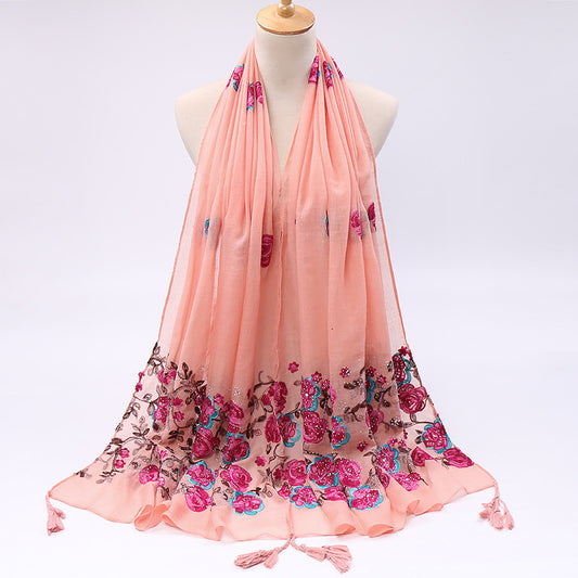 Pure Color Cotton And Linen Embroidered Hot Drilling Fringe Scarf