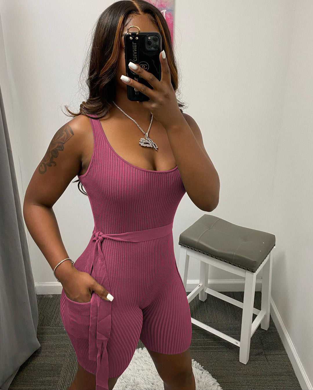 Dames Effen Kleur Pit Strip Strakke Jumpsuit Met Korte Mouwen