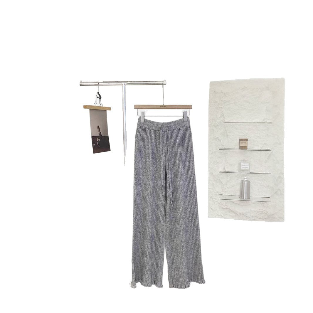 Wooden Ear Elastic High Waist Lace-up White Knitted Fabric All-match Wide Leg Pants