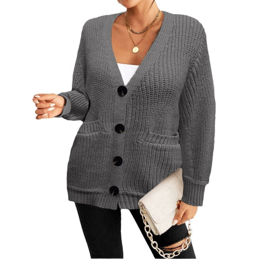 Fashion Loose Pockets Button Women's Cardigan Sweater