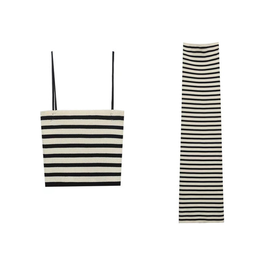 Striped Sling Straight Knitted Dress Suit