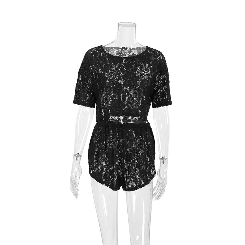 Womens Sheer Lace Midriff-Baring Short-Sleeve Slit Shorts Set
