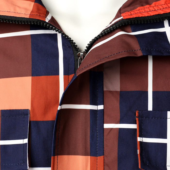 Loose Plus Size Windbreaker Couple Hooded Plaid Coat