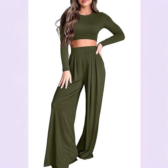 Fall Long-sleeve Midriff-baring Top And Wide-leg Pants Two-piece Set
