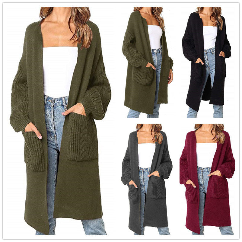 Knitted Cable Lantern Sleeve Coat Sweater