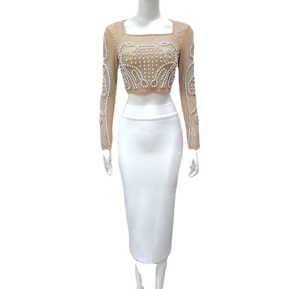 Beaded Studded Long Sleeve T-Shirt Midi Skirt Two Piece