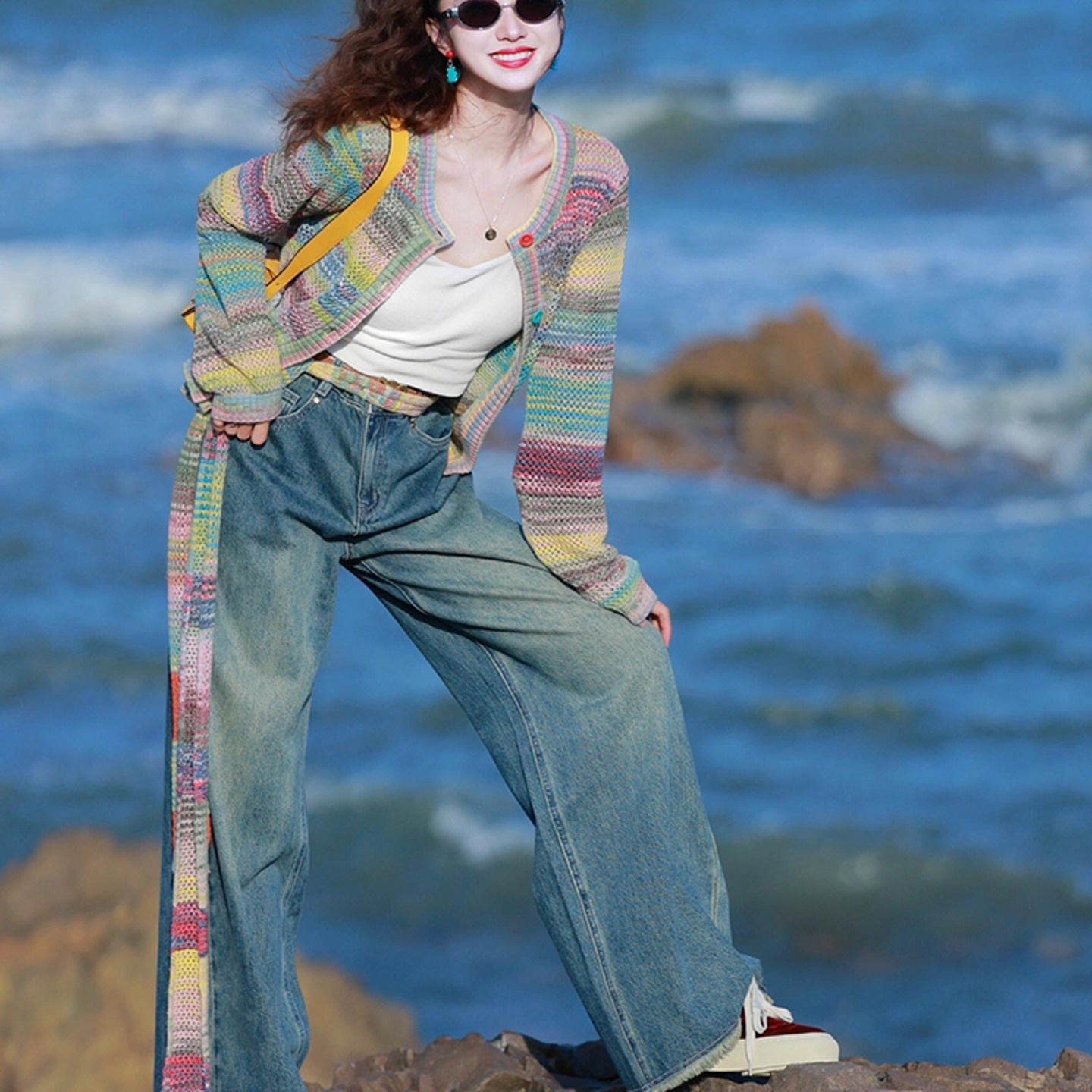 Dopamine Rainbow Fashionable Western Style Youthful-looking Knitted Cardigan
