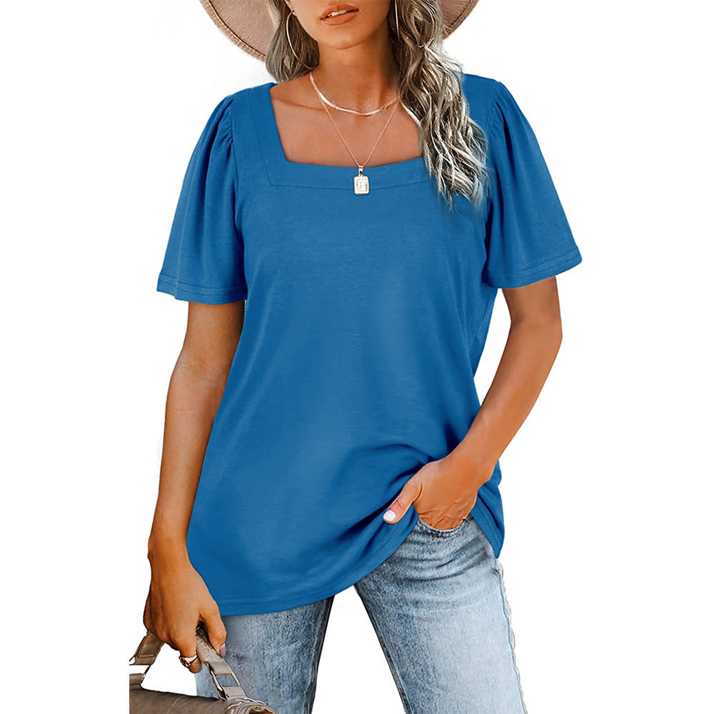 Gathered Striped Square Neck Short Sleeve T-Shirt Women