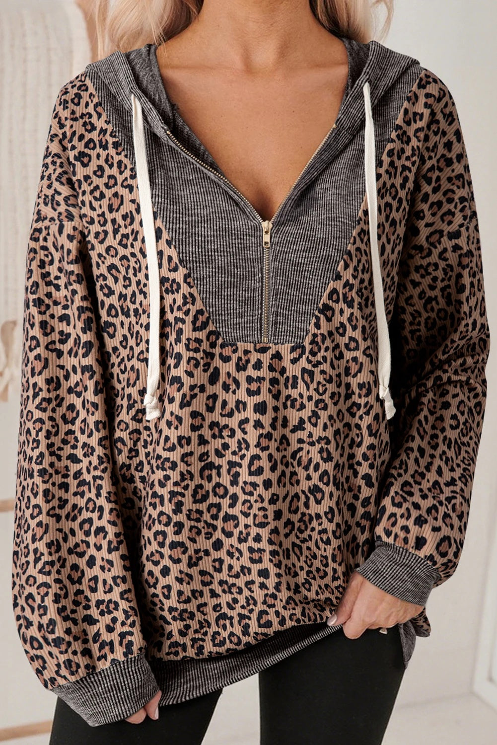 Khaki Ribbet Leopardprint Kontrastfarvet Krave Med Lynlås Hættetrøje
