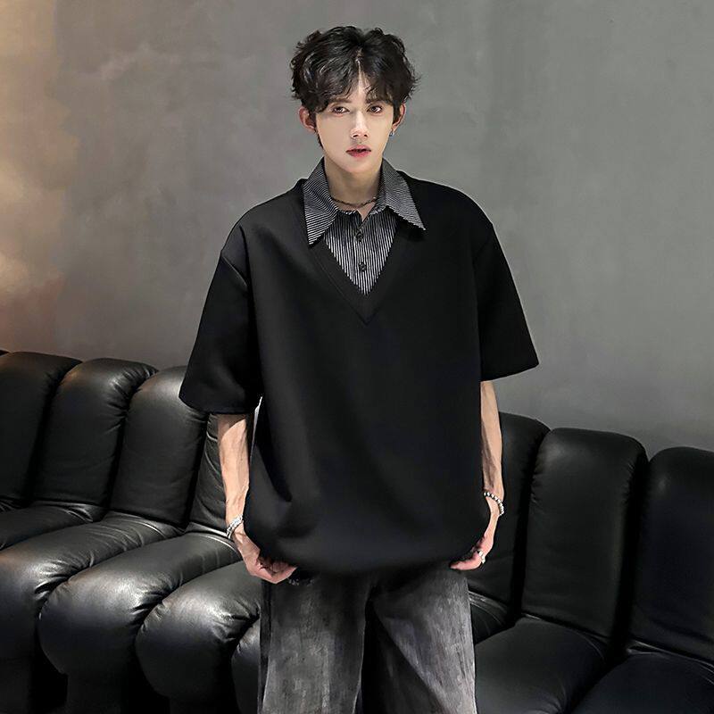Casual Style Fake Two-Piece Shirt Collar Short-Sleeve Top For Men
