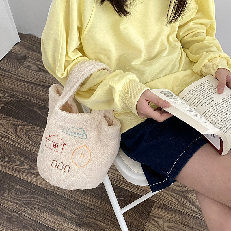 Plush Cartoon Embroidery Small Bucket Portable Handbag
