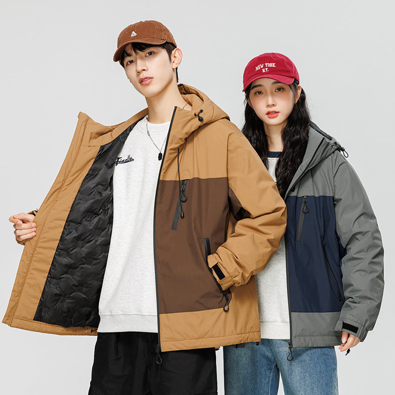 Kontrastfarvet Casual Alsidig Dunjakke Skaljakke Trendy Mekanisk Stil Amerikansk Retro