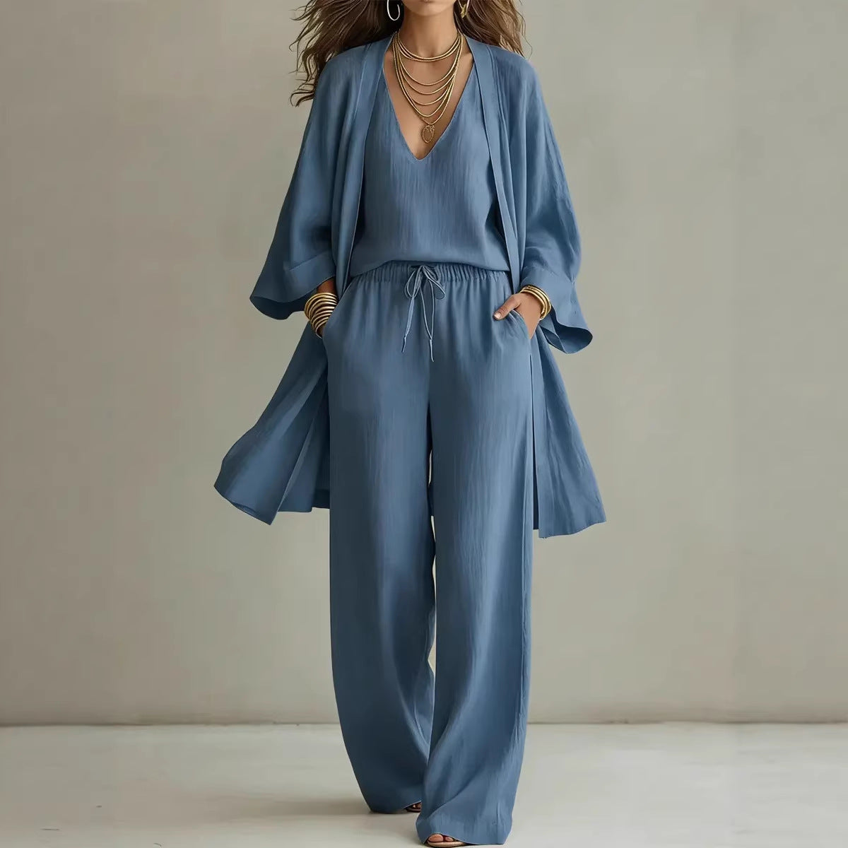 Womens Solid Color V-Neck Cardigan Vest With Pockets And Long Pants Three-Piece Set