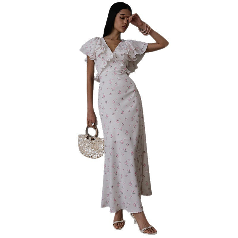 V-neck Ruffled Hemline Slim-fit Maxi Dress
