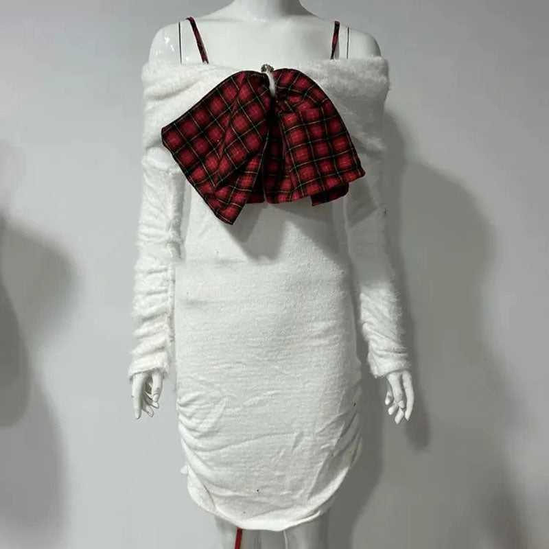 Women Off Shoulder Slim Faux Fur Christmas Party High Waist Slim Dress With Red Bow