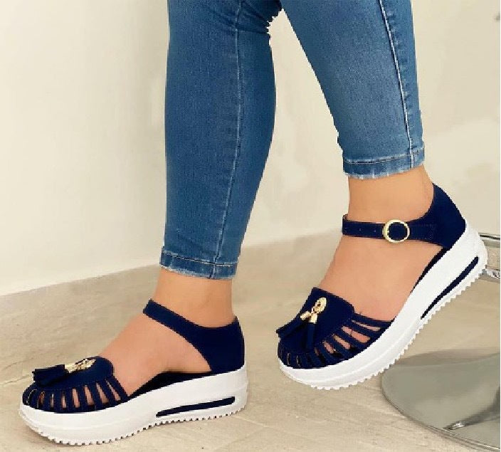 Women's Low-top Buckle Solid Color Bag Heel Sandals