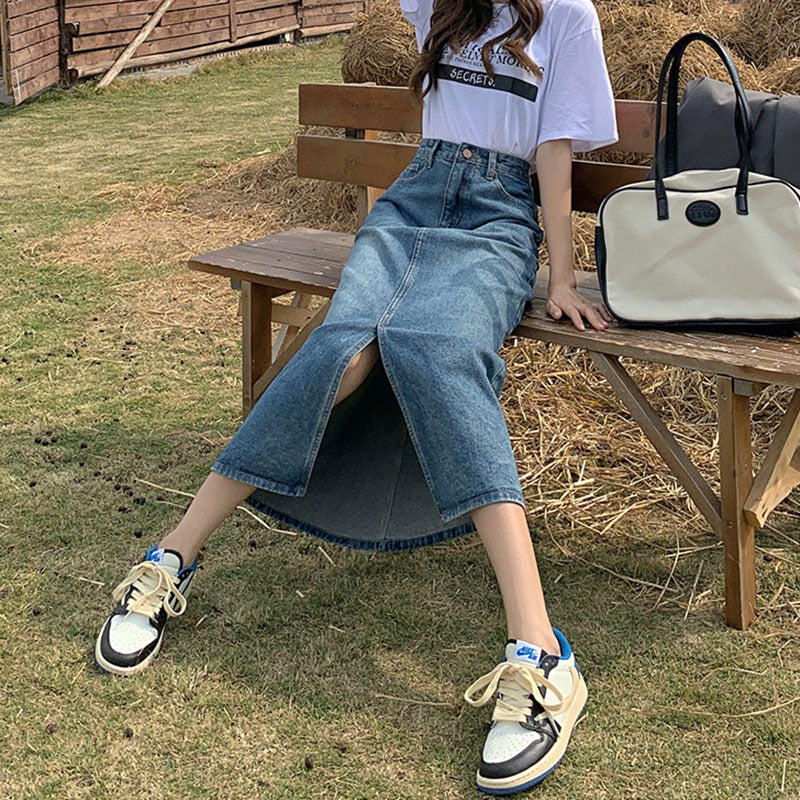 Kvindenederdel Højtaljet Retro Blå Denimnederdel