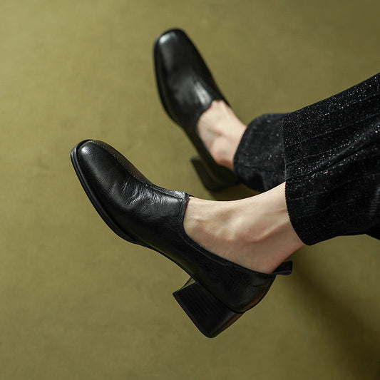 Cowhide Round Head Chunky Heel Deep Mouth Mid-heel Shoes