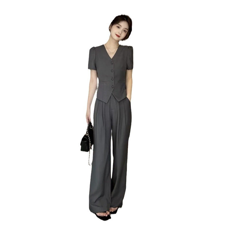 New Flattering Short Sleeve Top Casual Wide-leg Pants Two-piece Set For Women