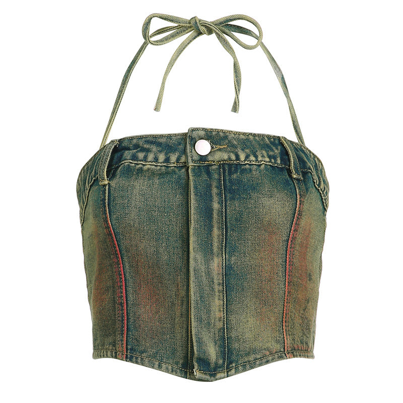 Hot Girl Washed And Worn Zip Tube Denim Vest Top